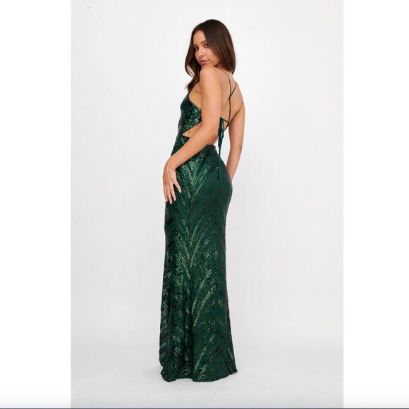 Selfie Leslie Dalila Open Tied Back Sequin Maxi Dress Hunter Green - Picture 2 of 14